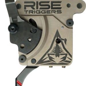 Beige Rise Triggers archery release mechanism with trigger lever and angled grip, featuring logo text and a tribal graphic.