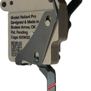 Three-quarter view of a beige Reliant Pro release mechanism with metal levers and a label reading 'Model: Reliant Pro'.