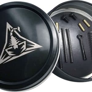 Round metal tin opened to reveal small springs, pins, and brass components inside