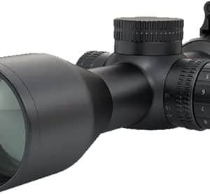 Black riflescope with a large objective lens and adjustable turrets visible on the body