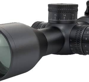 Black riflescope with large objective lens, adjustment turrets, and magnification dial for long-range aiming