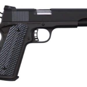 Side view of a black semi-automatic handgun with a textured grip and raised sights on the slide.