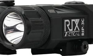 Black tactical flashlight with a three-lens front, textured grip, and mounting stud, designed for rifle use