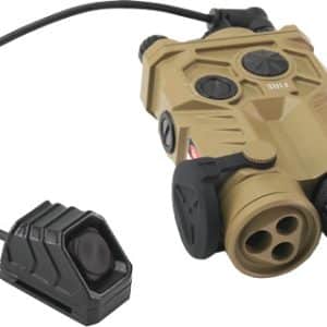 Tan tactical monocular night-vision style device with a handheld flashlight and corded remote switch attached.