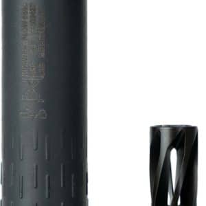 Black cylindrical firearm suppressor with removable end-cap, shown from the side; used to reduce gunshot noise and muzzle flash.
