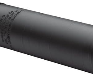 Black cylindrical firearm suppressor (silencer) with threaded muzzle end and rear mounting, shown at an oblique angle.