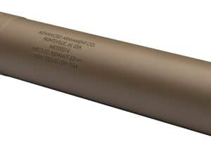 Tan cylindrical firearm suppressor with a threaded muzzle for attaching to a rifle.
