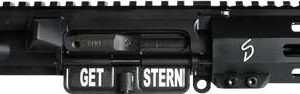 Upper receiver assembly of a tactical rifle with a picatinny rail and muzzle, featuring the words 'GET STERN' on the body.
