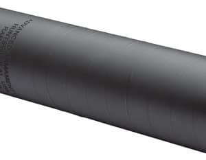Cylindrical gun suppressor with a threaded mounting end and a textured end cap visible on the left.