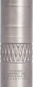 Silver cylindrical firearm suppressor with knurled bottom and engraved markings at the midsection.