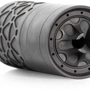 Gray textured foam roller on its side, designed for self-massage and muscle relief.