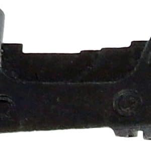 Black plastic mounting clip with a curved inner slot and two circular recesses, featuring a gray protrusion on the right end.