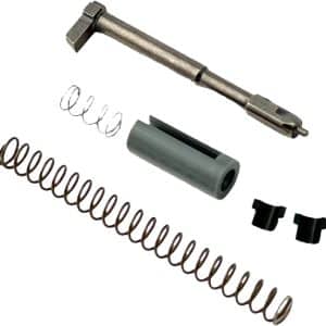 Exploded view of a spring assembly: metal shaft, grey plastic sleeve, long coil spring, and two small black spacers/ends.
