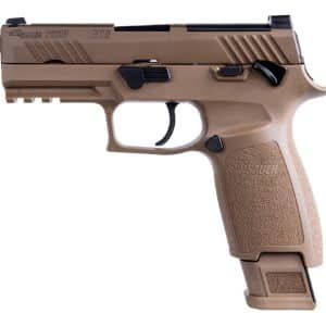 Tan semi-automatic pistol (SIG Sauer P320) shown in right-side profile with textured grip and loaded magazine.