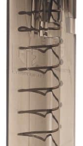 Brown-tinted lipstick bullet in a clear case, with red lipstick exposed at the top and visible branding on the side.