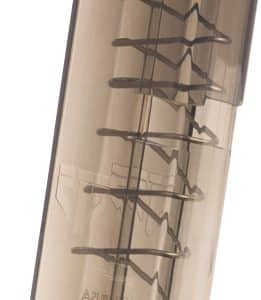 Transparent handgun magazine with a visible coiled spring and red follower at the top, designed to feed ammunition into a pistol.