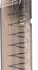 Semi-transparent firearm magazine with visible internal spring and black follower, red feed lip at the top.