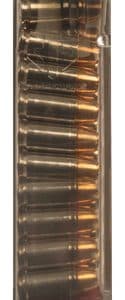 Transparent magazine filled with copper-jacketed rifle cartridges in a clear case, ready to load.