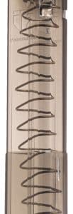 Clear lipstick tube with red lipstick visible at the top and a wavy black line design along the side.