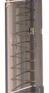 Transparent pistol magazine with red follower at the top.