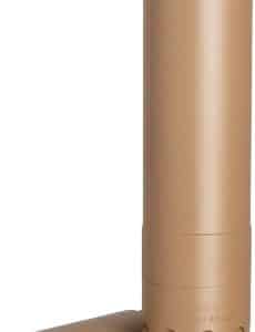 Tan L-shaped plastic connector with threaded end, showing two cylindrical sections.
