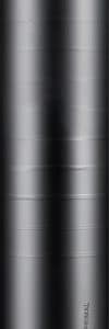 Close-up of a black camera lens with grip rings and lens mount at the bottom.