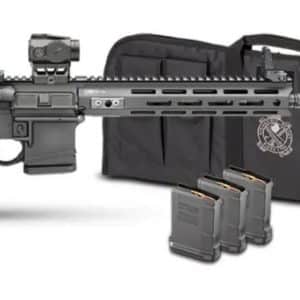 Black tactical rifle with adjustable stock and foregrip, plus three magazines and a soft rifle case nearby.
