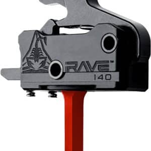 Close-up of a silver RAVE 140 bicycle front derailleur with an orange lever