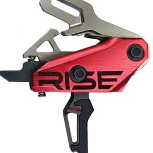Red anodized Rise bicycle rear derailleur with black jockey cage and mounting bolts, close-up view.