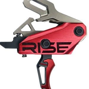 Red RISE mechanical ascender/climbing device with metal cam and curved grip on a white background