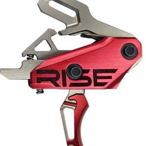 Red and silver archery release aid with trigger and release hook, branded 'RISE'.