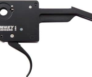 Timney Triggers firearm trigger assembly with curved lever and mounting plate, and a connected cable