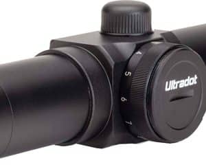 Black riflescope with adjustable turrets and a magnification dial, Ultradot branding visible.