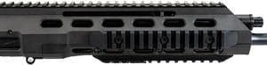 AR-style rifle upper receiver with quad-rail handguard and muzzle brake, side view.