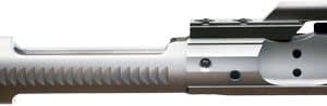Close-up of a bolt-action rifle receiver and barrel with a scope rail attached.