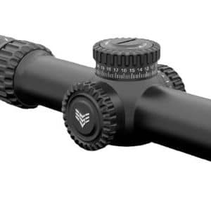 Black riflescope with multiple adjustment dials and a visible objective lens, used for aiming on a firearm.