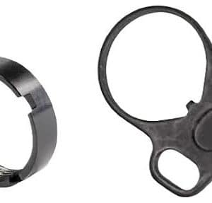 Two small hardware parts: a threaded ring on the left and a two‑hole clip on the right.