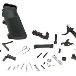 Disassembled pistol grip components scattered around a black ergonomic grip on a white background.