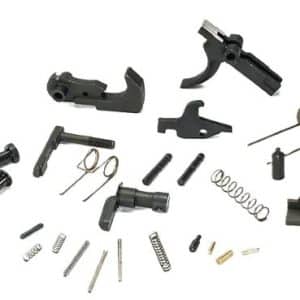 Assorted disassembled pistol parts, springs, pins, and small components laid out on a white background.