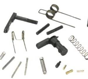 Assorted small mechanical parts laid out on white: springs, pins, screws, and fittings in black and metal tones.