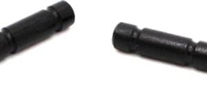 Two small black cylindrical connectors/pins lying on a white background with slight segmentation at the midsection.