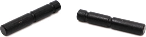 Two small black cylindrical connectors/pins lying on a white background with slight segmentation at the midsection.
