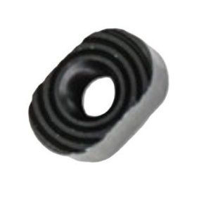 Small black rubber grommet or seal with a central hole and gray backing, viewed at an angle.