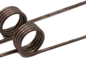 Rigid, rusty double-coil torsion spring with two long arms extending from each side