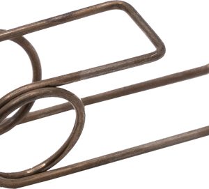 Rusty metal hairpin-shaped spring clip with two circular coils and long straight legs