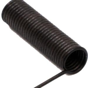 Black metal coil extension spring with hooked ends, used in machinery
