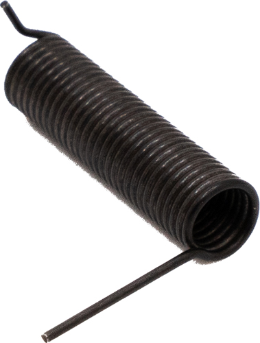 Black metal coil extension spring with hooked ends, used in machinery