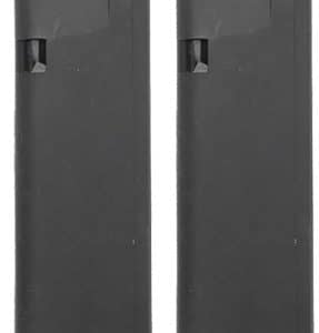 Two black handgun magazines with orange followers standing upright on a white background.
