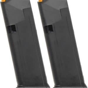 Two black detachable firearm magazines with orange followers, standing side by side.