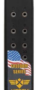 Black pistol magazine with 10-round capacity, orange follower, and Freedom Series sticker on the body (XTec logo)